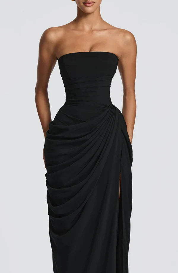 Draped strapless dress with corset bodice, lace-up back and high front slit, floor-length maxi dress - view 24