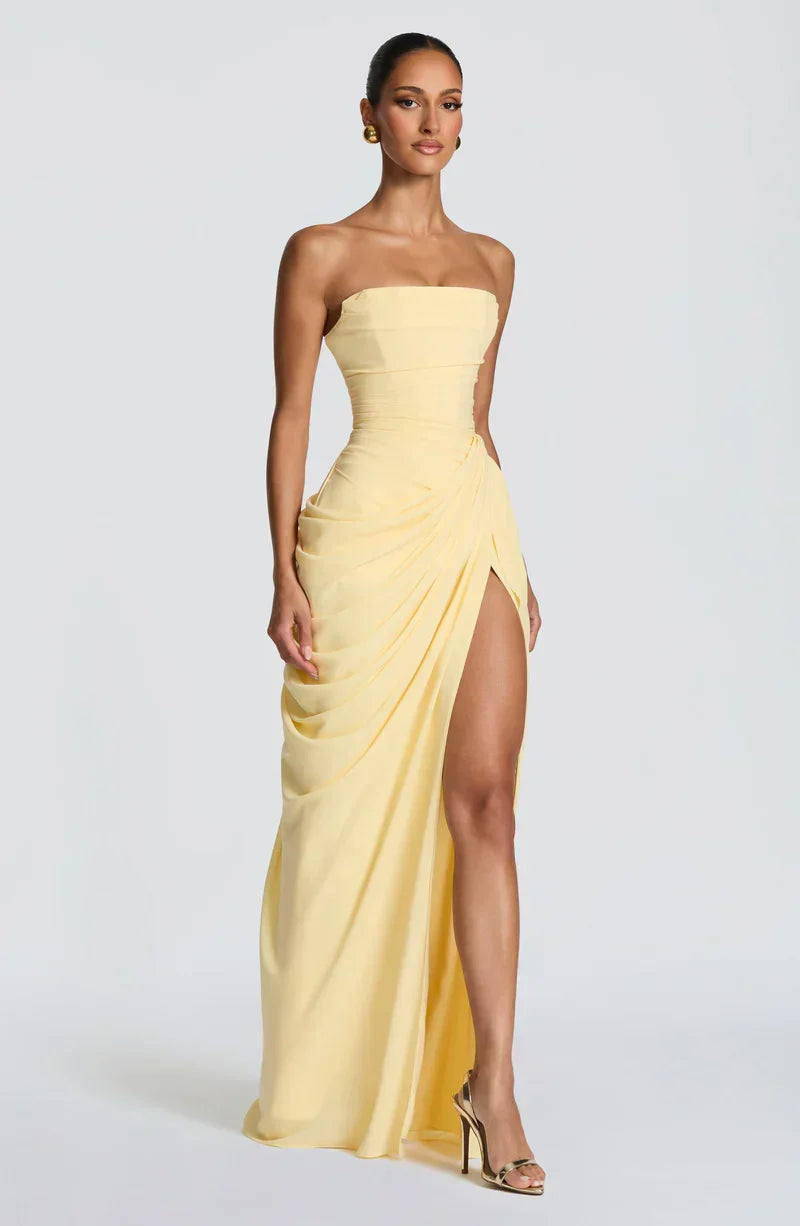 Draped strapless dress with corset bodice, lace-up back and high front slit, floor-length maxi dress - view 3