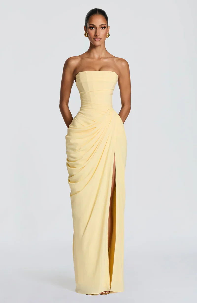 Draped strapless dress with corset bodice, lace-up back and high front slit, floor-length maxi dress - view 4