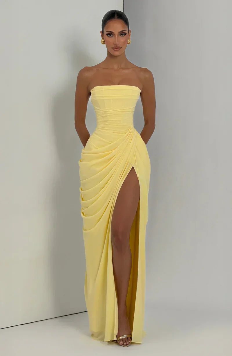 Draped strapless dress with corset bodice, lace-up back and high front slit, floor-length maxi dress - view 6