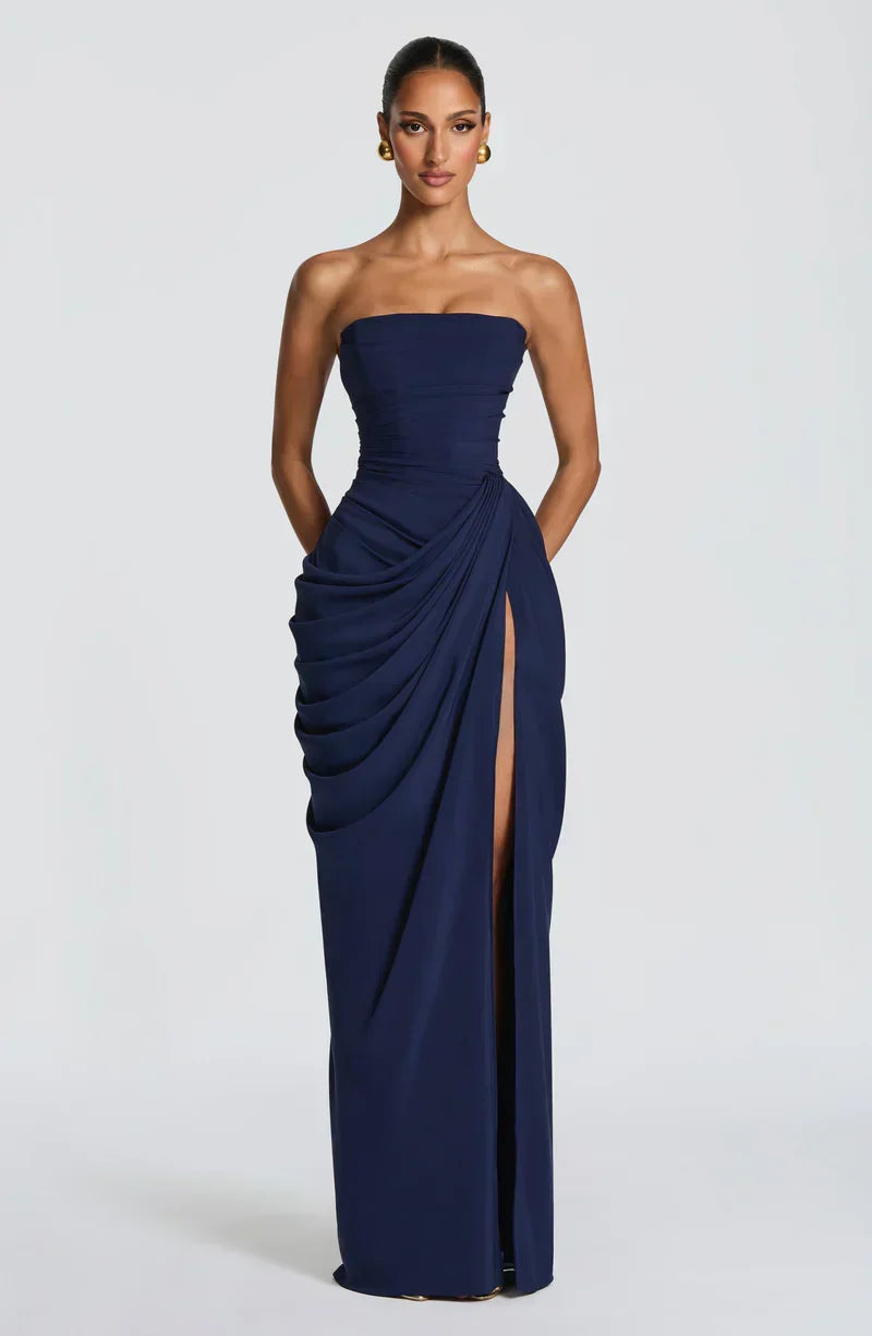 Draped strapless dress with corset bodice, lace-up back and high front slit, floor-length maxi dress - view 7