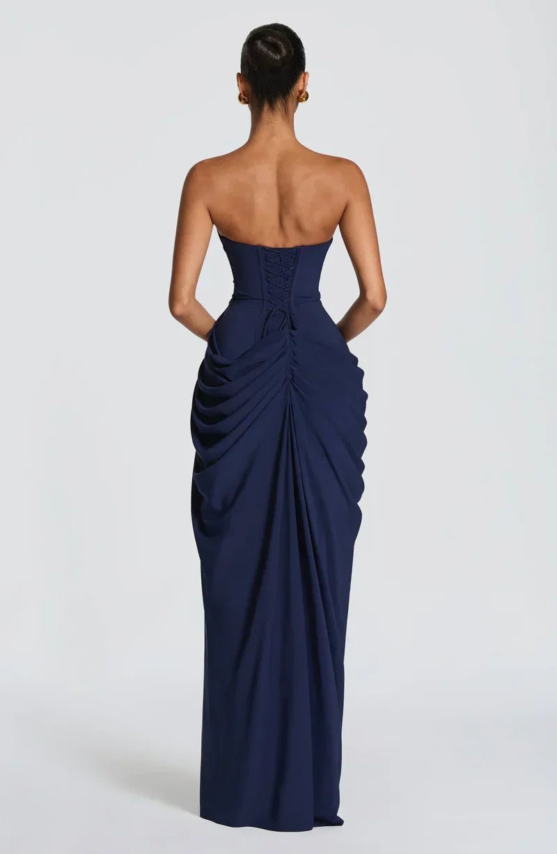 Draped strapless dress with corset bodice, lace-up back and high front slit, floor-length maxi dress - view 8