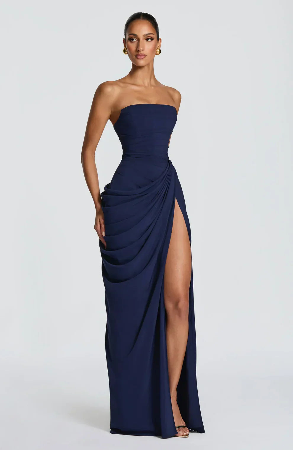 Draped strapless dress with corset bodice, lace-up back and high front slit, floor-length maxi dress - view 9