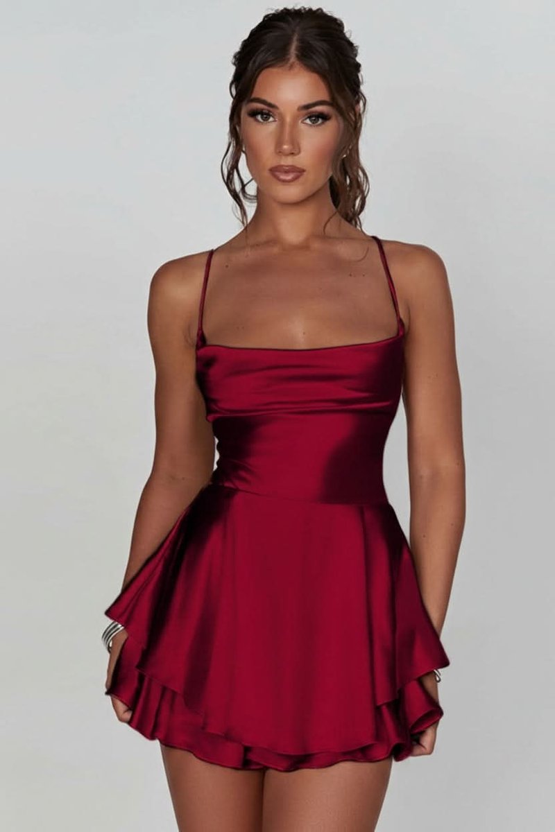 Satin mini cocktail dress with cowl neckline, spaghetti straps and layered ruffle skirt - view 2