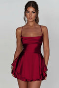 Satin mini cocktail dress with cowl neckline, spaghetti straps and layered ruffle skirt - view 2