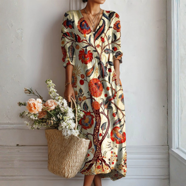 Woman wearing a boho floral dress with tree-of-life print, V-neck and three-quarter sleeves