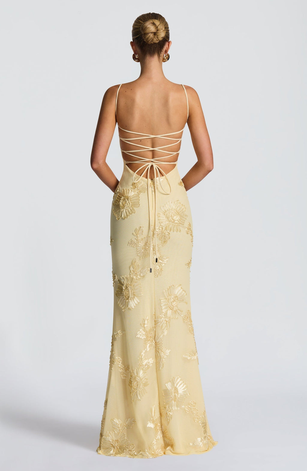 Pale yellow floral dress with corset bodice, sweetheart neckline and lace-up open back - view 2