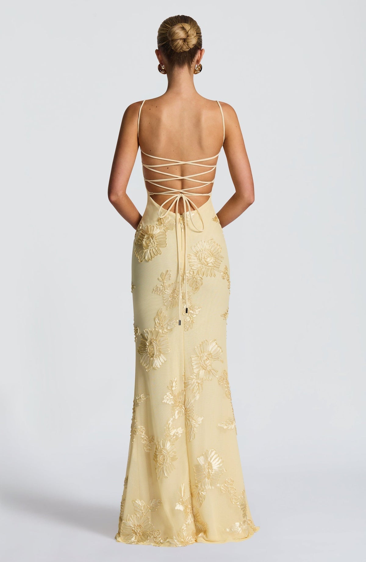 Pale yellow floral dress with corset bodice, sweetheart neckline and lace-up open back - view 2