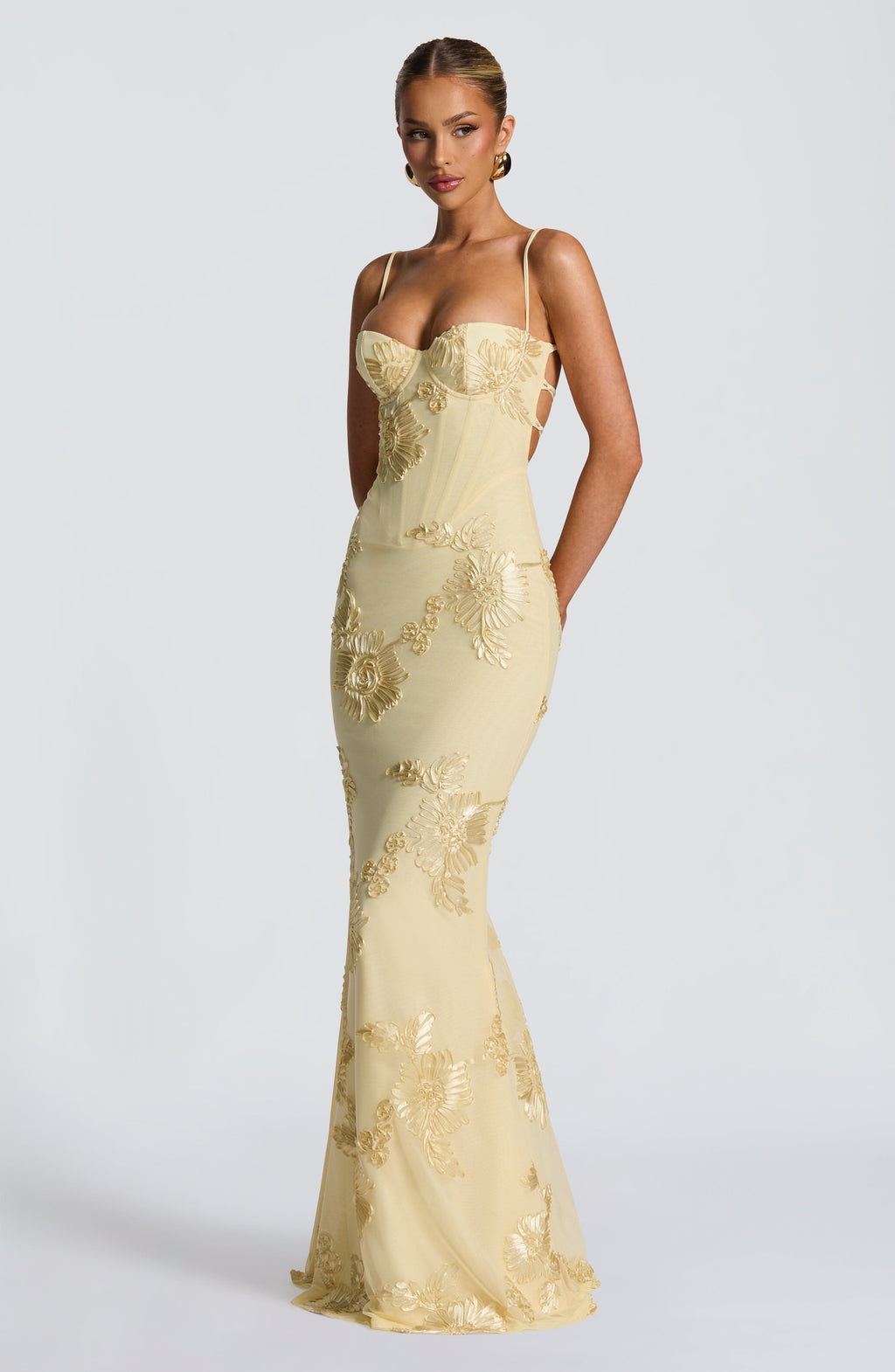 Pale yellow floral dress with corset bodice, sweetheart neckline and lace-up open back - view 3