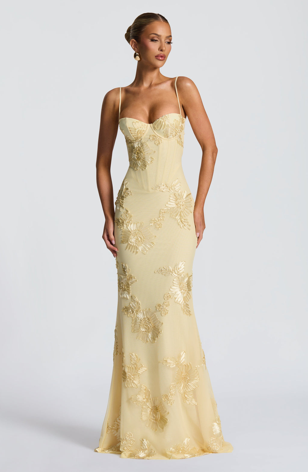 Pale yellow floral dress with corset bodice, sweetheart neckline and lace-up open back - view 4