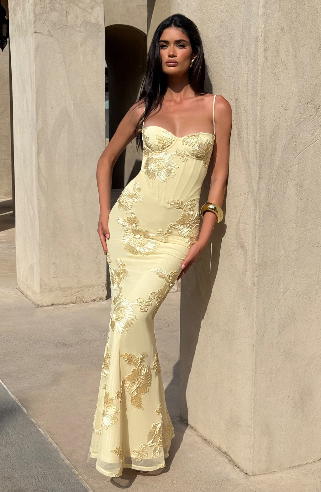 Pale yellow floral dress with corset bodice, sweetheart neckline and lace-up open back - view 8