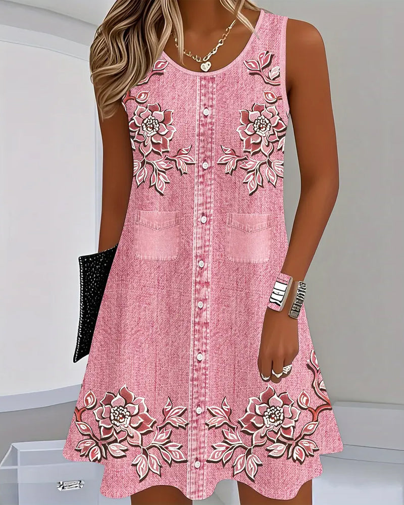 Sleeveless A-line mini dress with denim-look print and tonal floral design - view 12