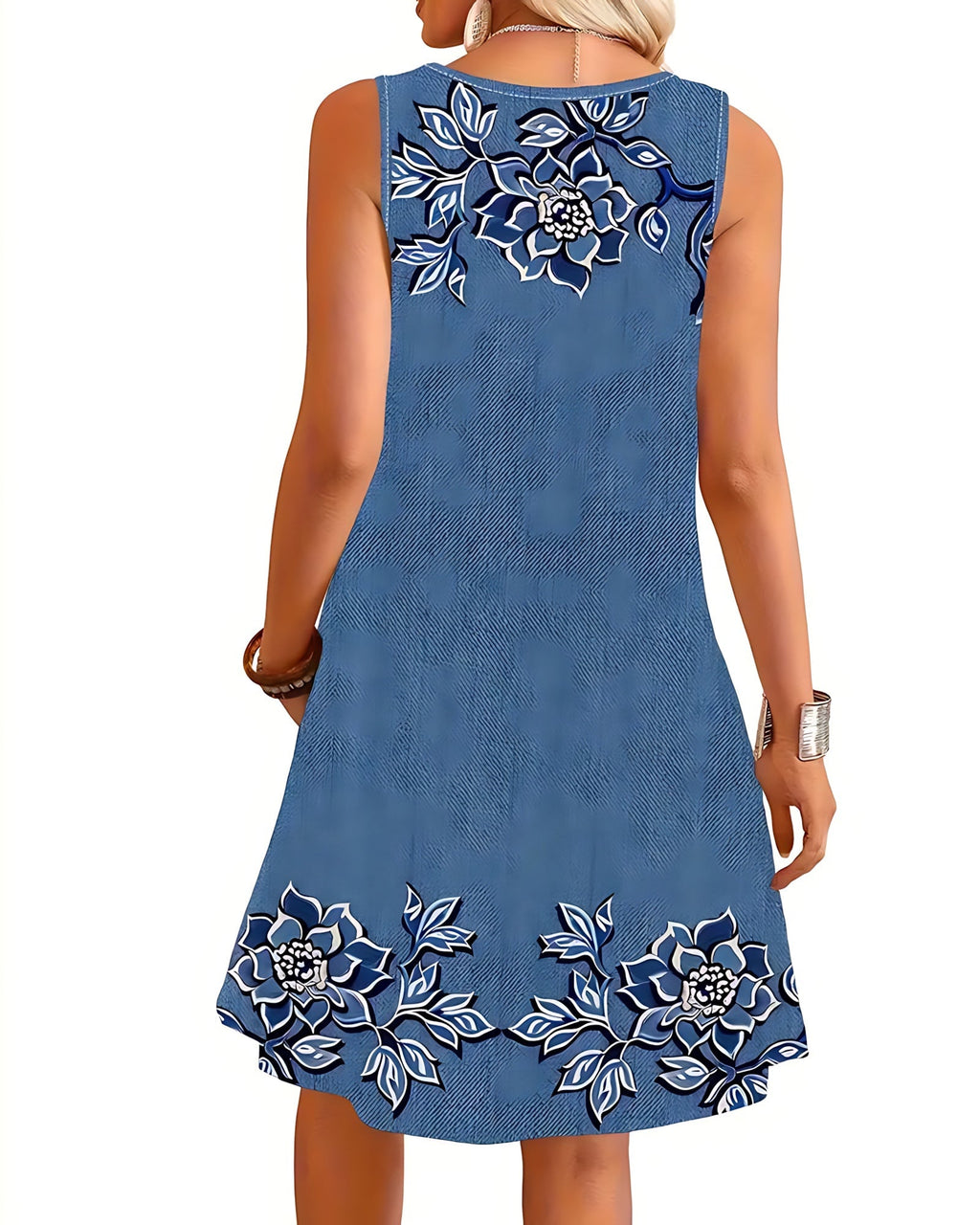 Sleeveless A-line mini dress with denim-look print and tonal floral design - view 21