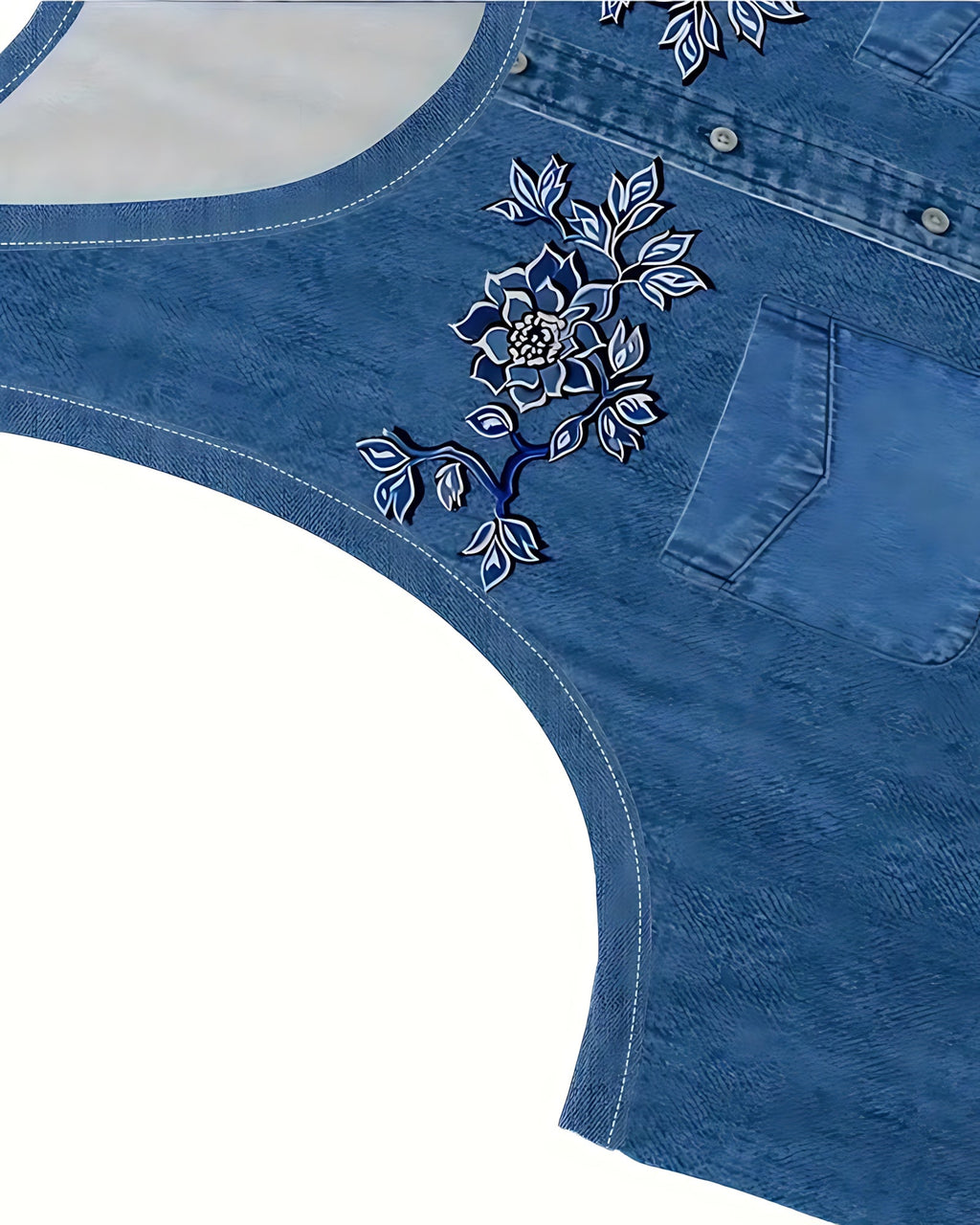 Sleeveless A-line mini dress with denim-look print and tonal floral design - view 23