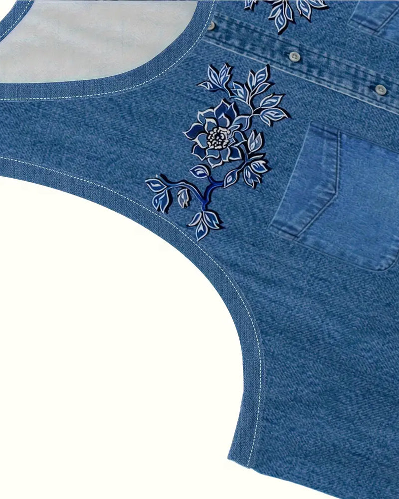 Sleeveless A-line mini dress with denim-look print and tonal floral design - view 27