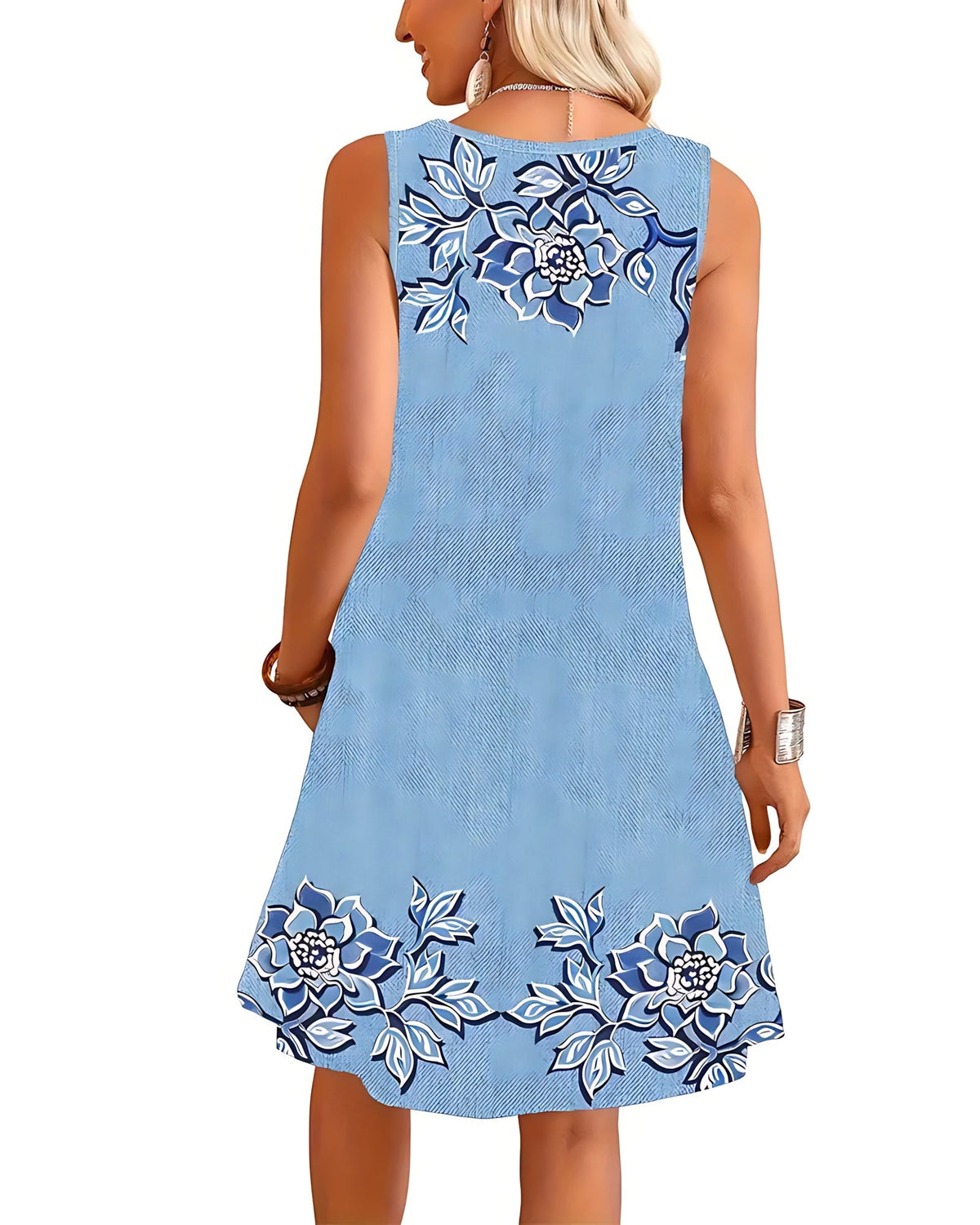 Sleeveless A-line mini dress with denim-look print and tonal floral design - view 31