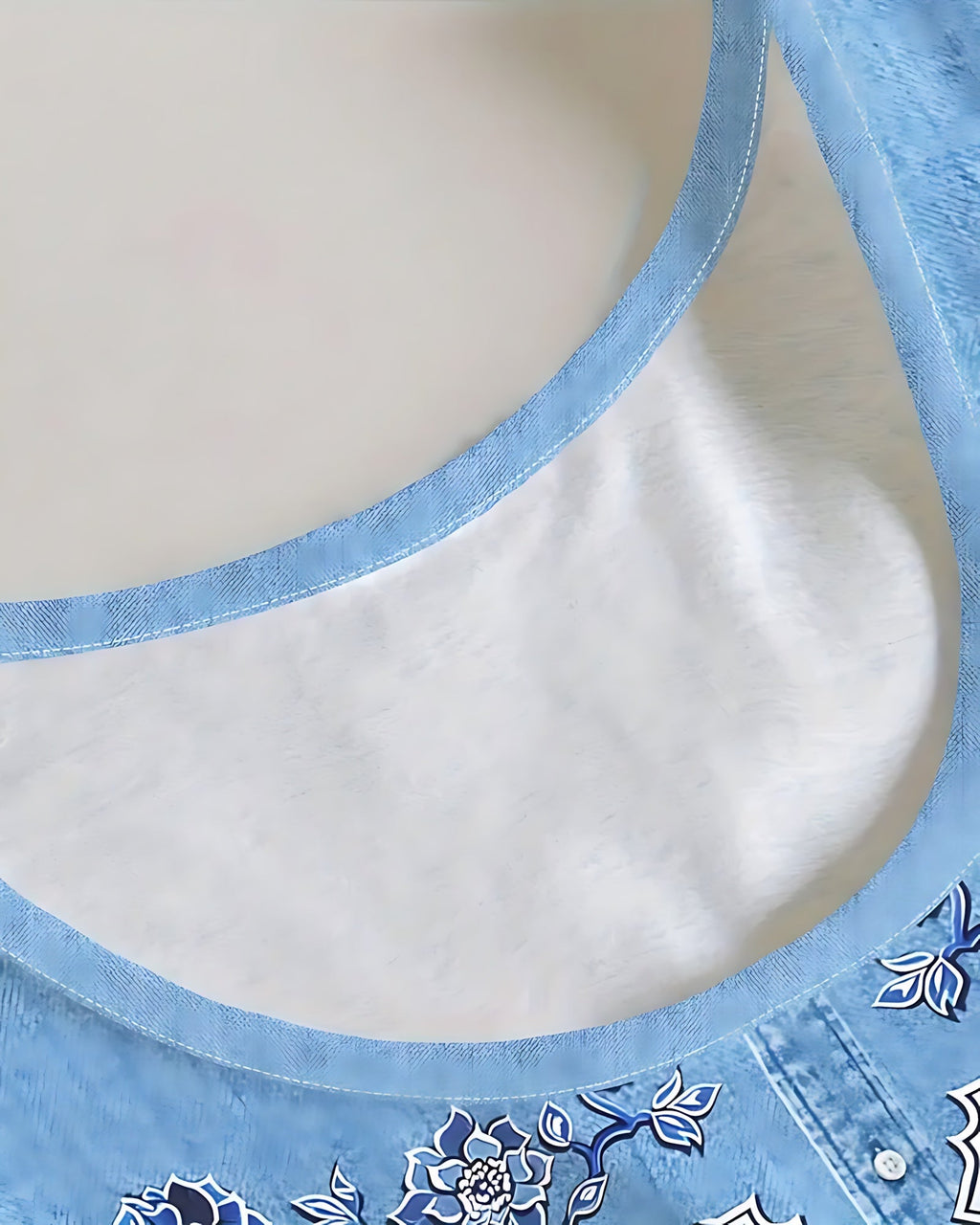 Sleeveless A-line mini dress with denim-look print and tonal floral design - view 32