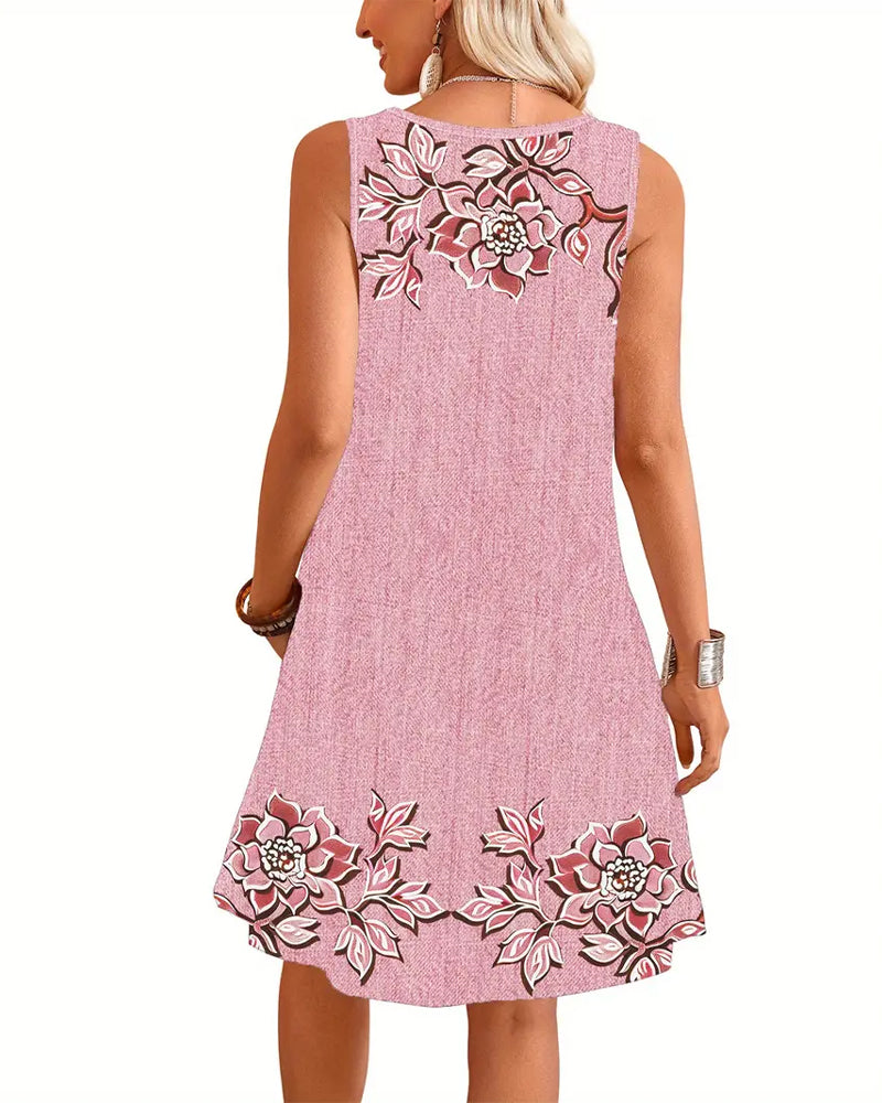 Sleeveless A-line mini dress with denim-look print and tonal floral design - view 33