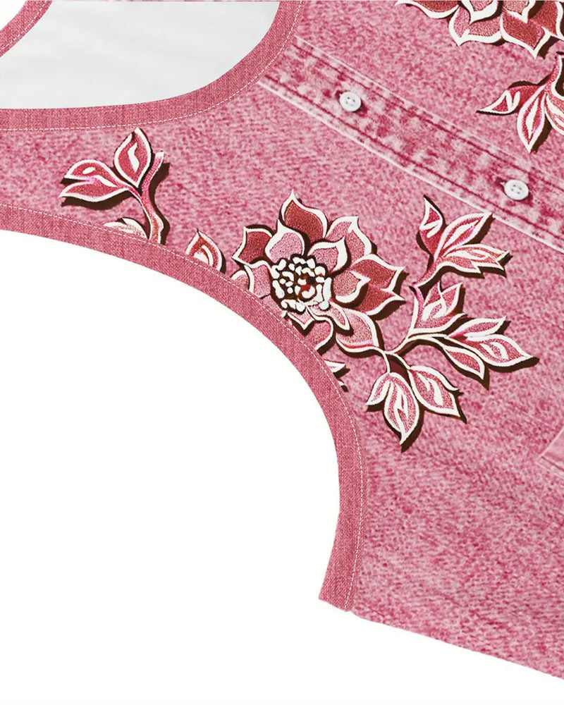 Sleeveless A-line mini dress with denim-look print and tonal floral design - view 34