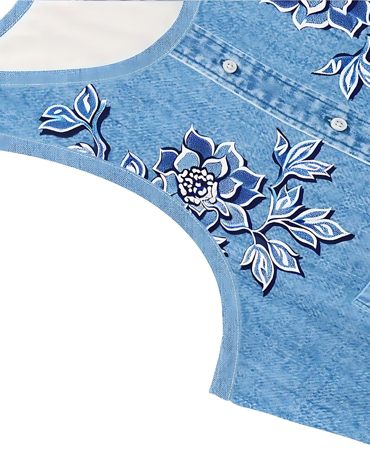 Sleeveless A-line mini dress with denim-look print and tonal floral design - view 36