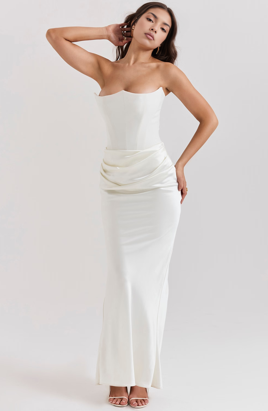Strapless corset formal maxi dress with draped satin skirt and fishtail hem - view 16