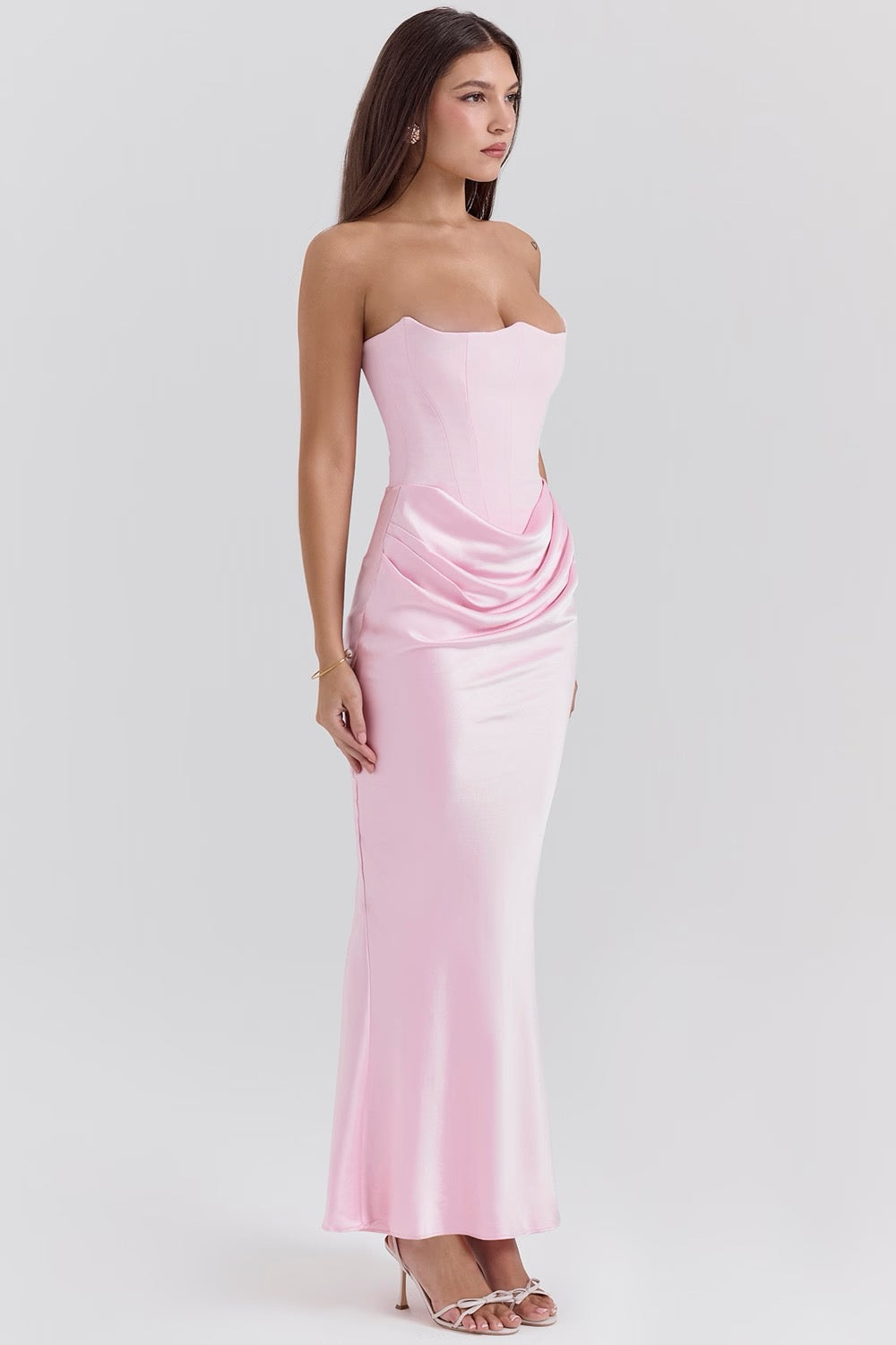 Strapless corset formal maxi dress with draped satin skirt and fishtail hem - view 20