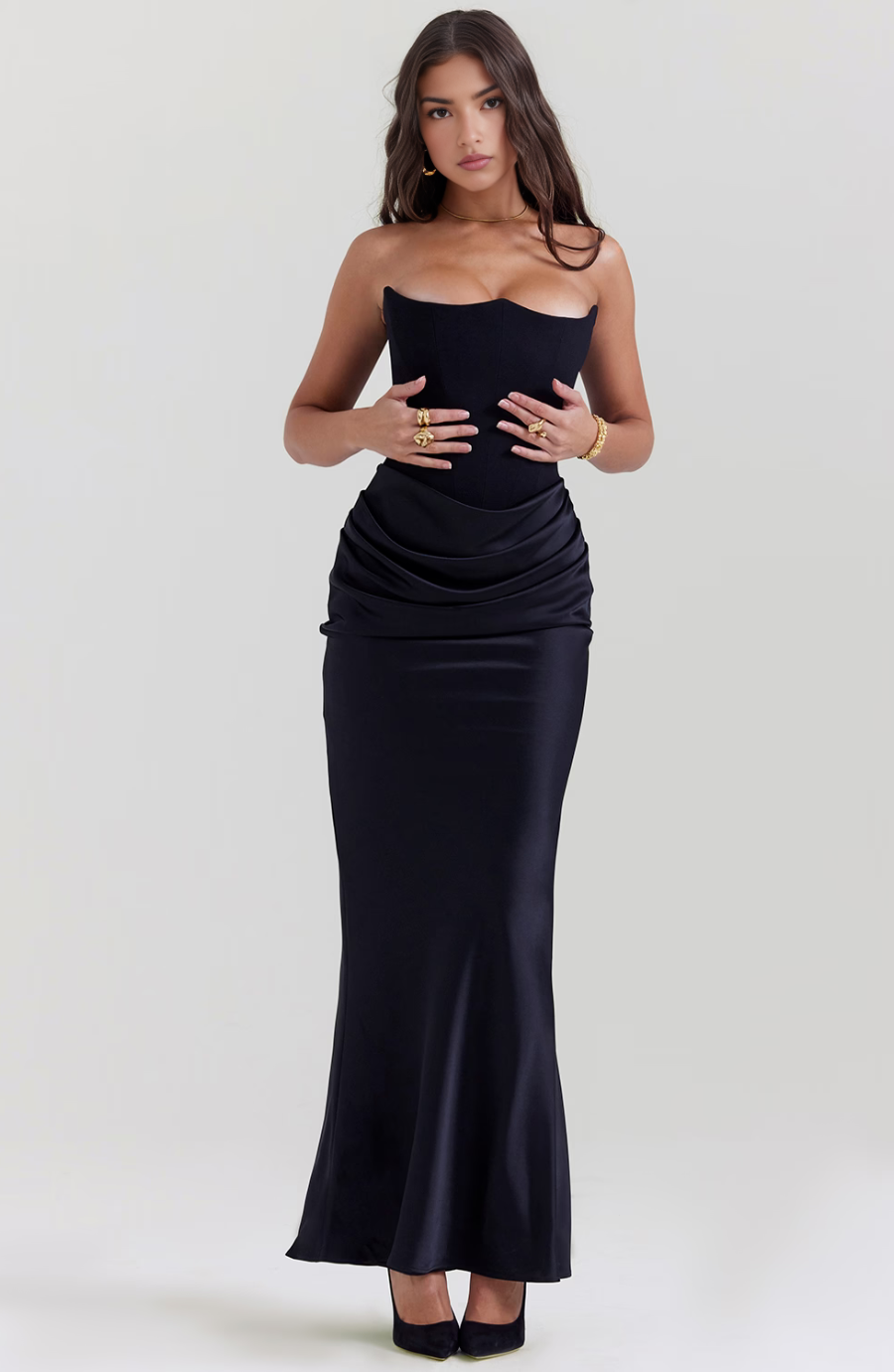 Strapless corset formal maxi dress with draped satin skirt and fishtail hem - view 24