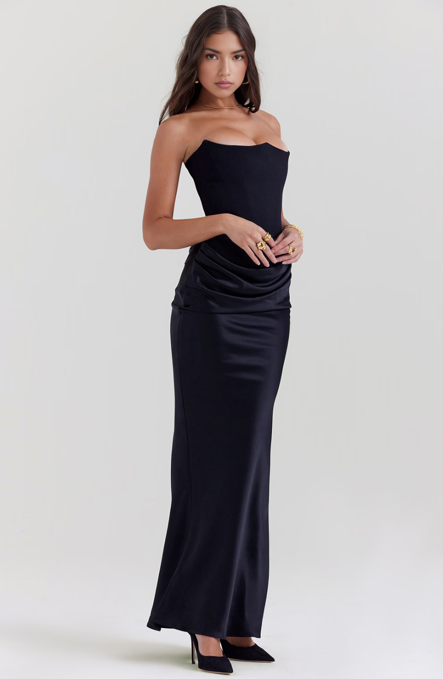 Strapless corset formal maxi dress with draped satin skirt and fishtail hem - view 26
