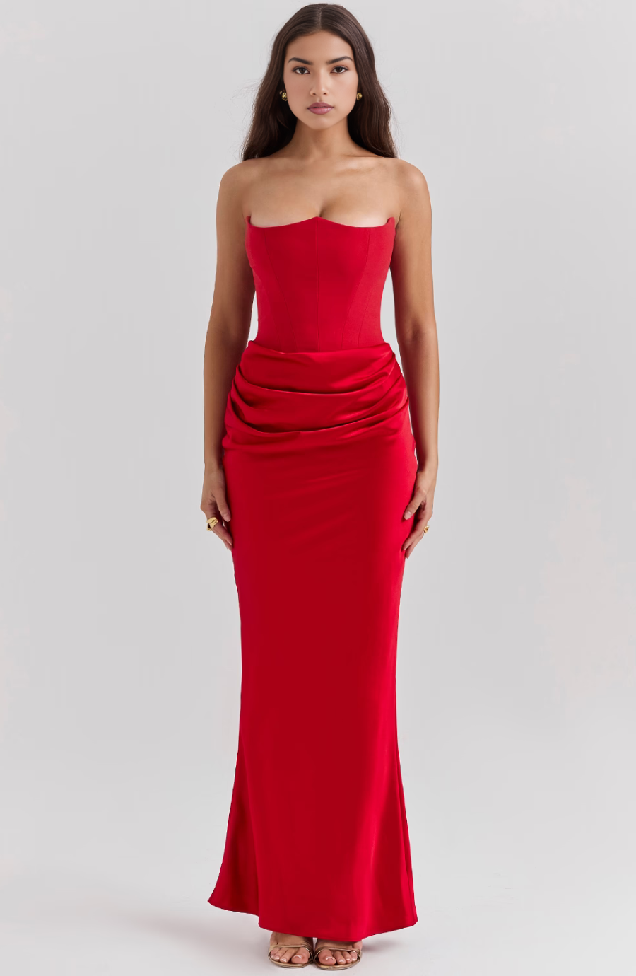 Strapless corset formal maxi dress with draped satin skirt and fishtail hem - view 4