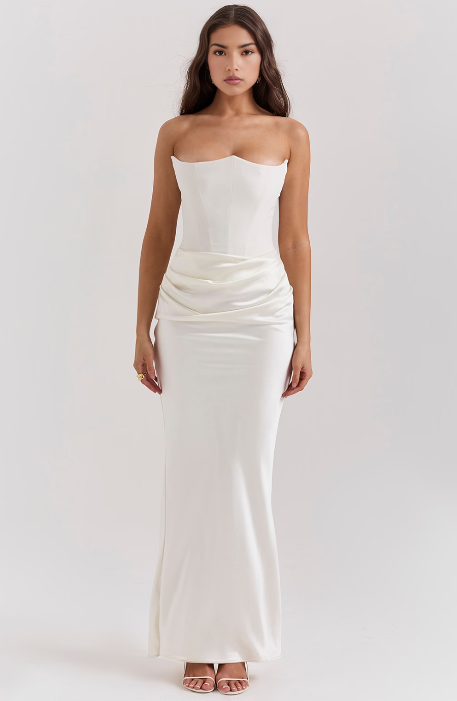 Strapless corset formal maxi dress with draped satin skirt and fishtail hem - view 5