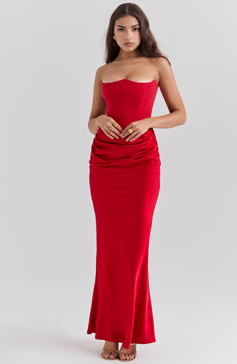 Strapless corset formal maxi dress with draped satin skirt and fishtail hem - view 8