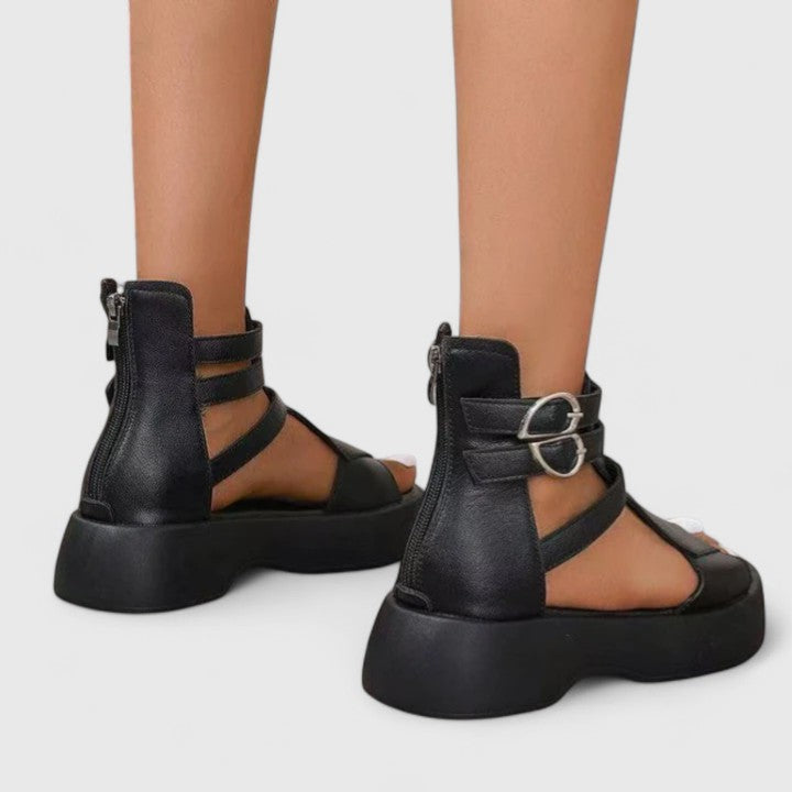 Marnie orthopedic buckled platform gladiator sandals — back view