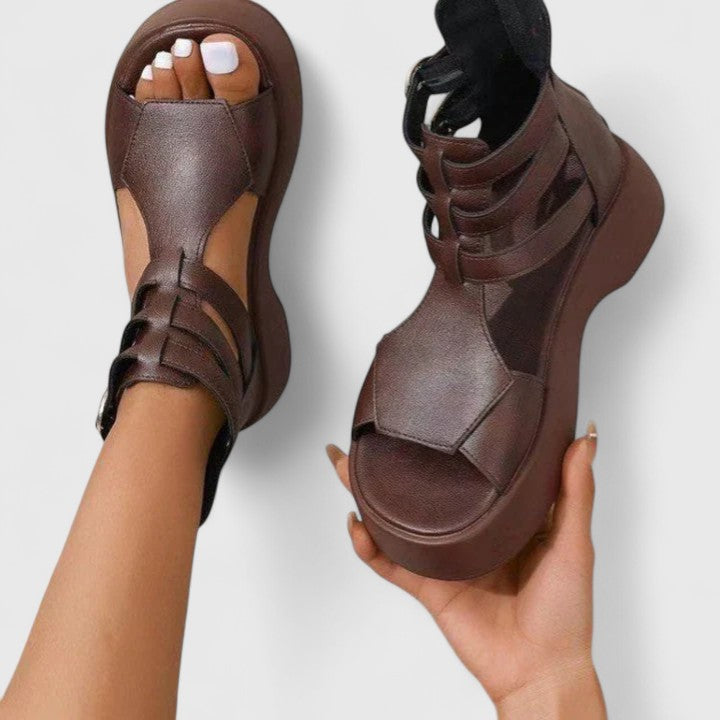 Marnie orthopedic buckled platform gladiator sandals — styled view