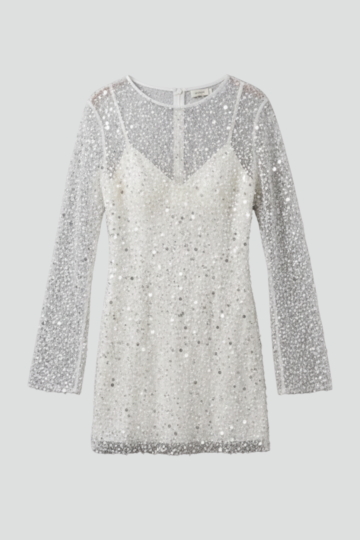 Stella long sleeve sequin mesh mini dress with V-neck slip underlayer