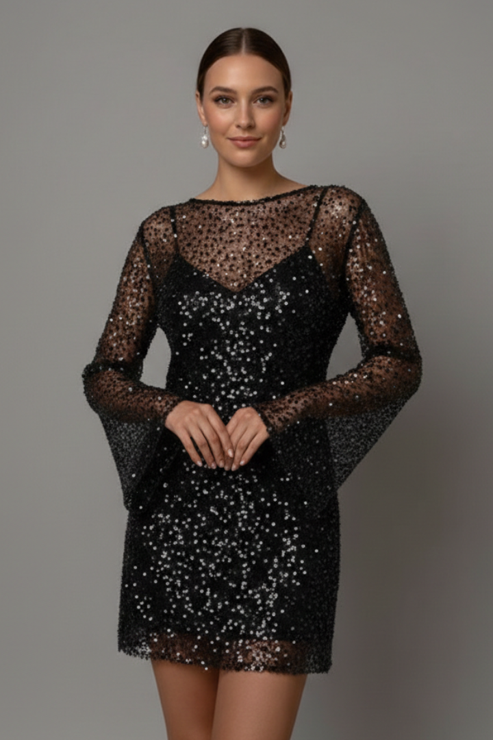 Stella long sleeve sequin mesh mini dress with V-neck slip underlayer - view 3