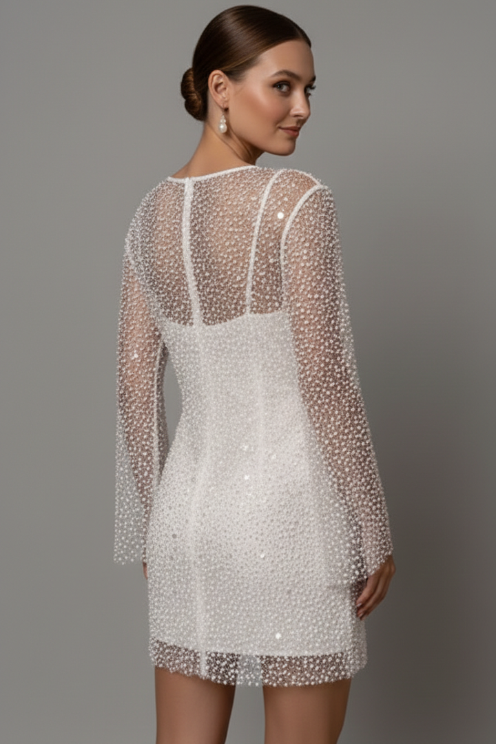 Stella long sleeve sequin mesh mini dress with V-neck slip underlayer - view 6