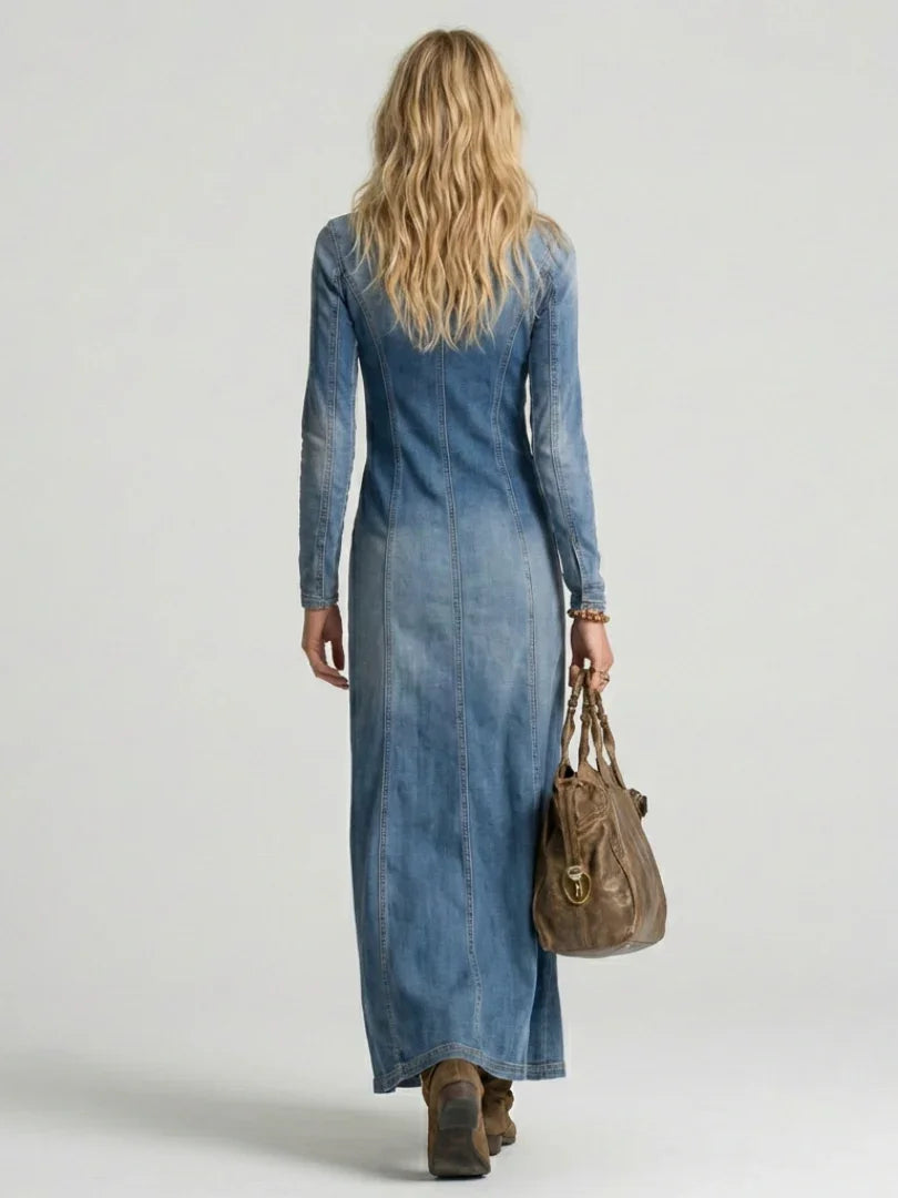 Rosalie button-front denim-look column maxi dress — side view
