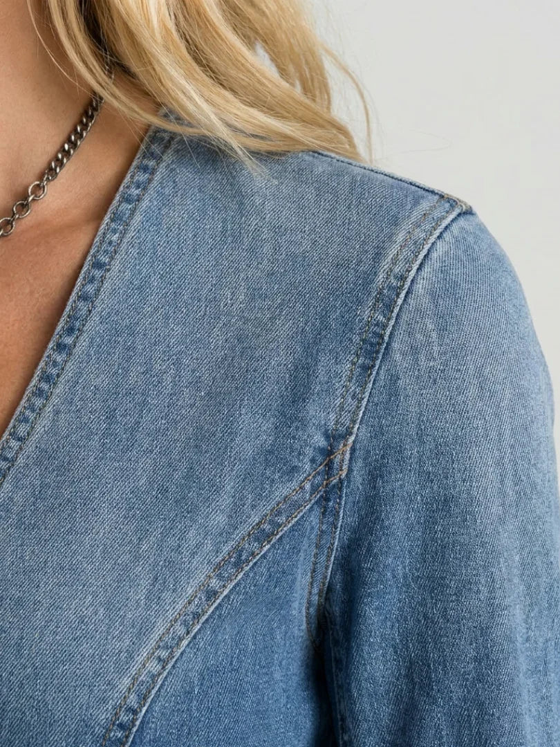 Rosalie button-front denim-look column maxi dress — detail view