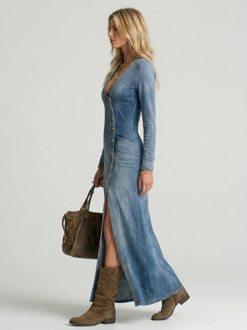Rosalie button-front denim-look column maxi dress — back view