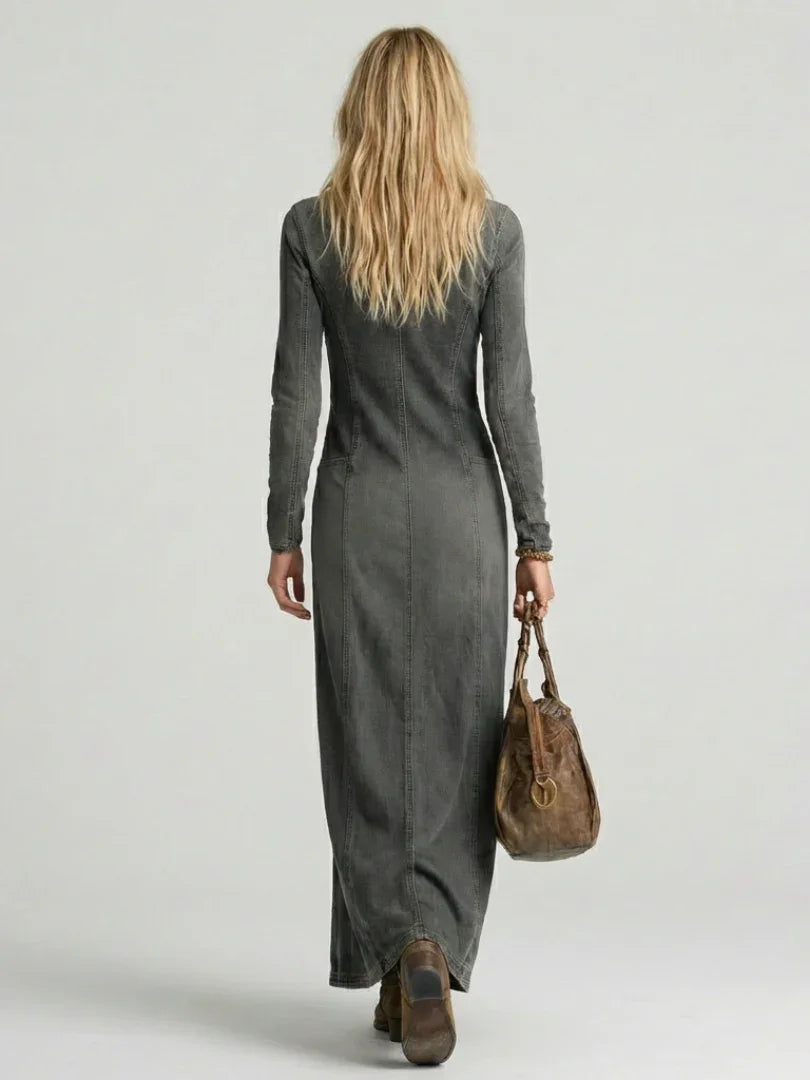 Rosalie button-front denim-look column maxi dress — front view