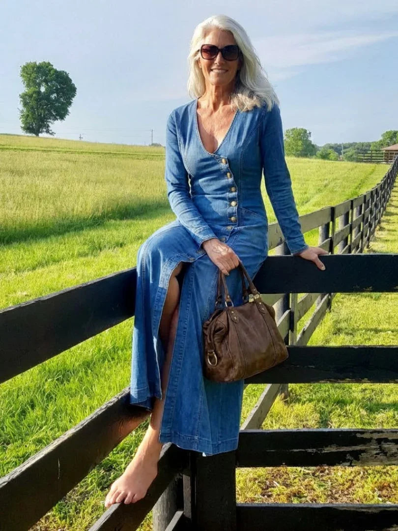 Rosalie button-front denim-look column maxi dress — side view