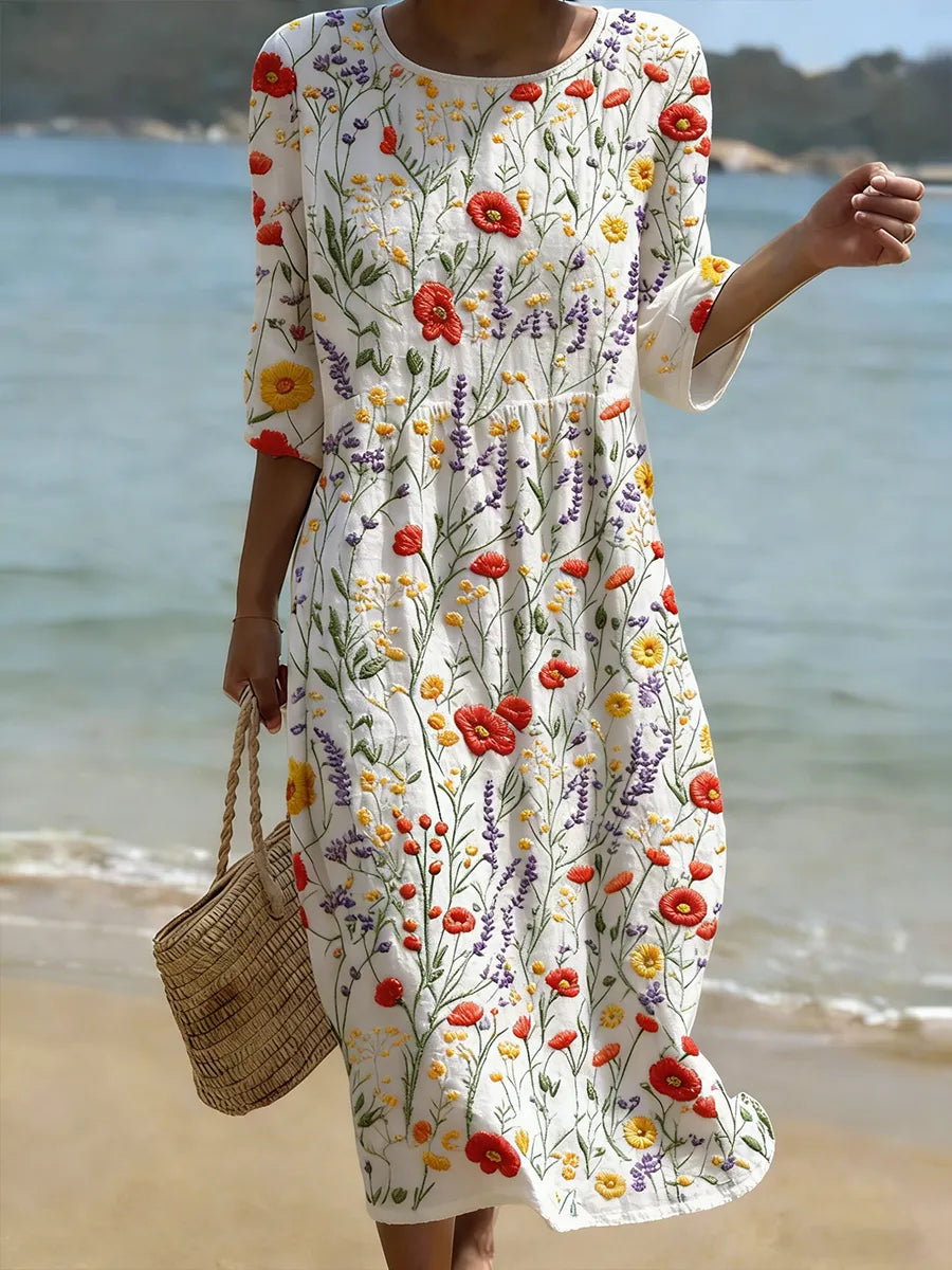 Tegan white floral maxi dress with three-quarter sleeves and gathered waist