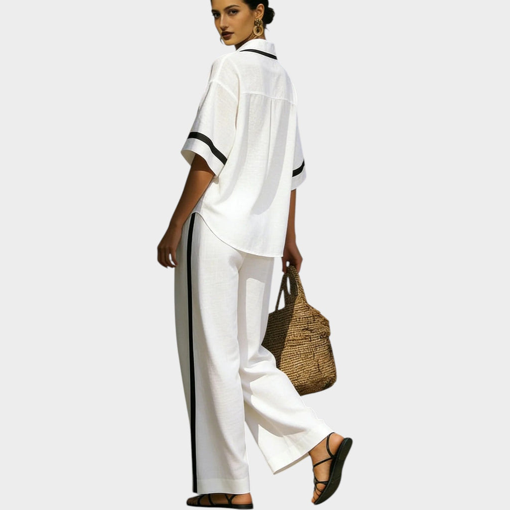 Women's wide leg linen set with black contrast trim, collared V-neck top and matching pants - view 2