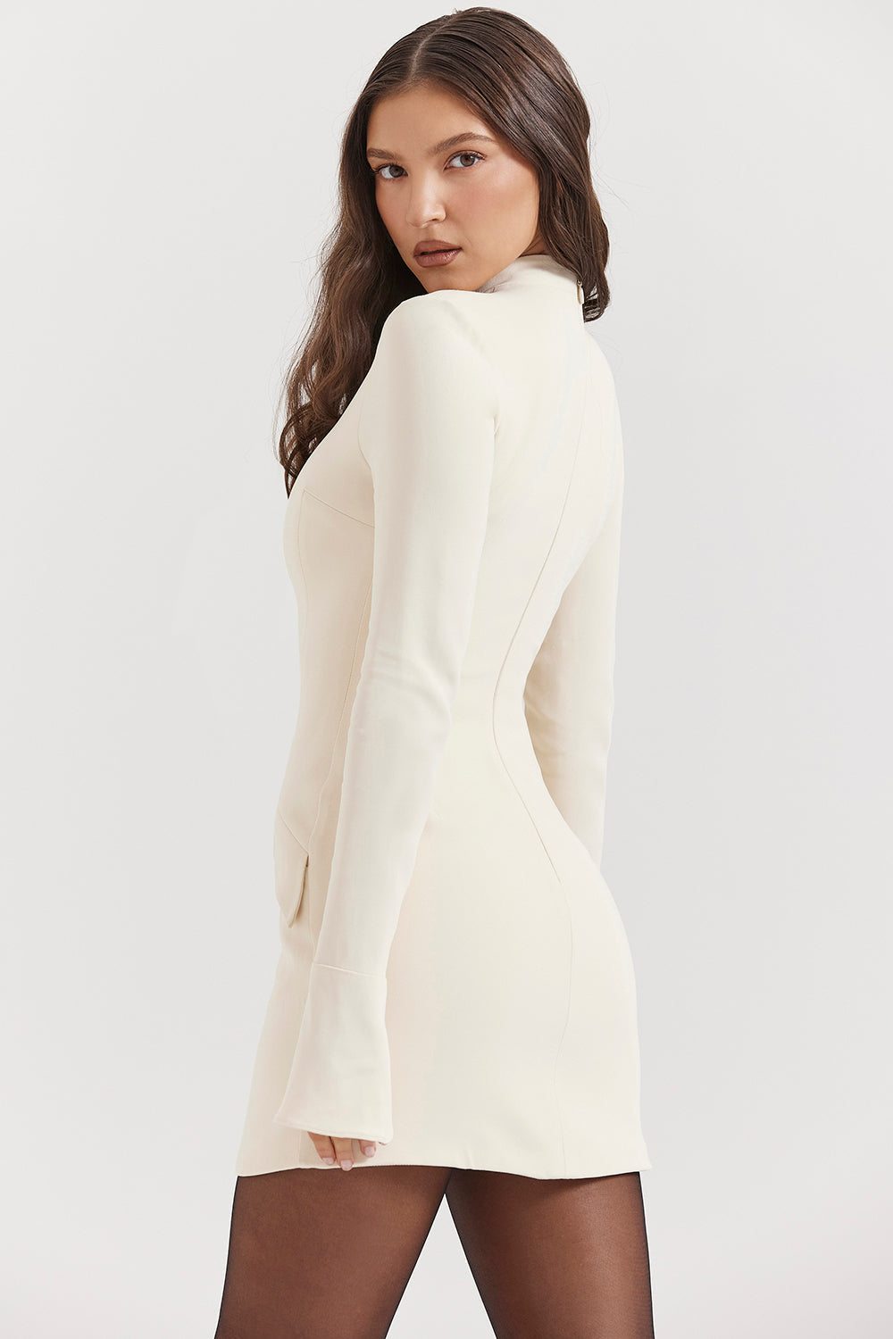 Tova long sleeve mini dress with mock neck, flared cuffs and hip flap details - view 10