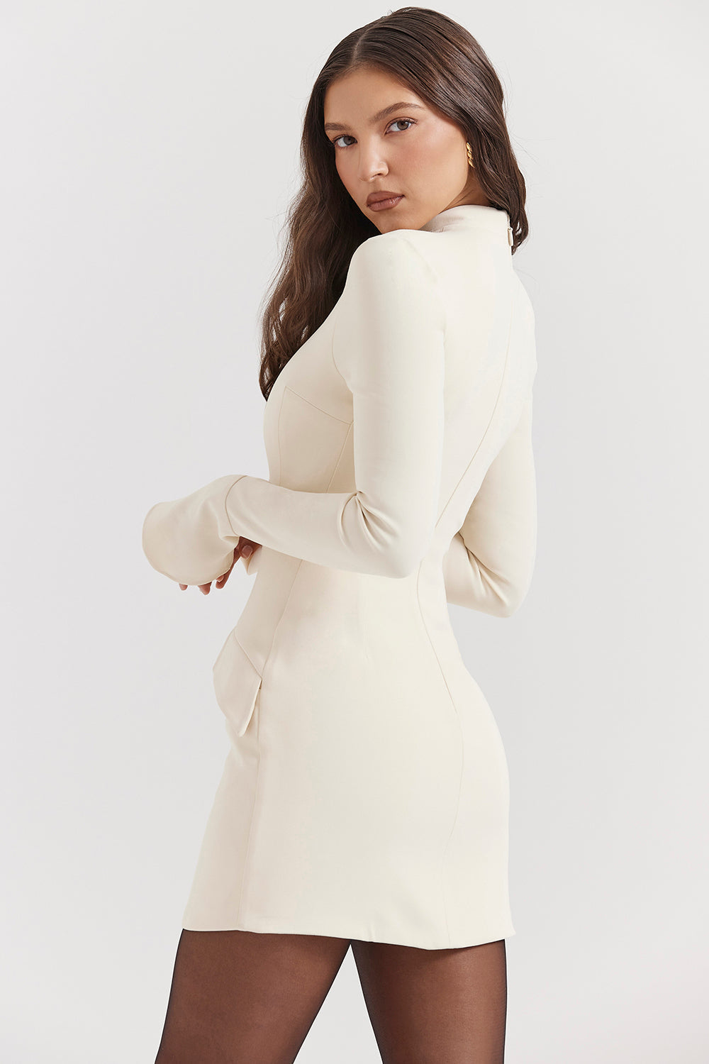 Tova long sleeve mini dress with mock neck, flared cuffs and hip flap details - view 12