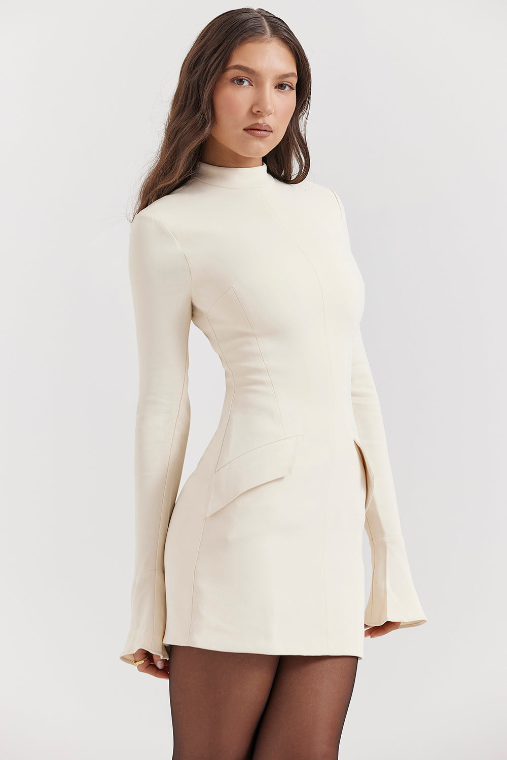 Tova long sleeve mini dress with mock neck, flared cuffs and hip flap details - view 13