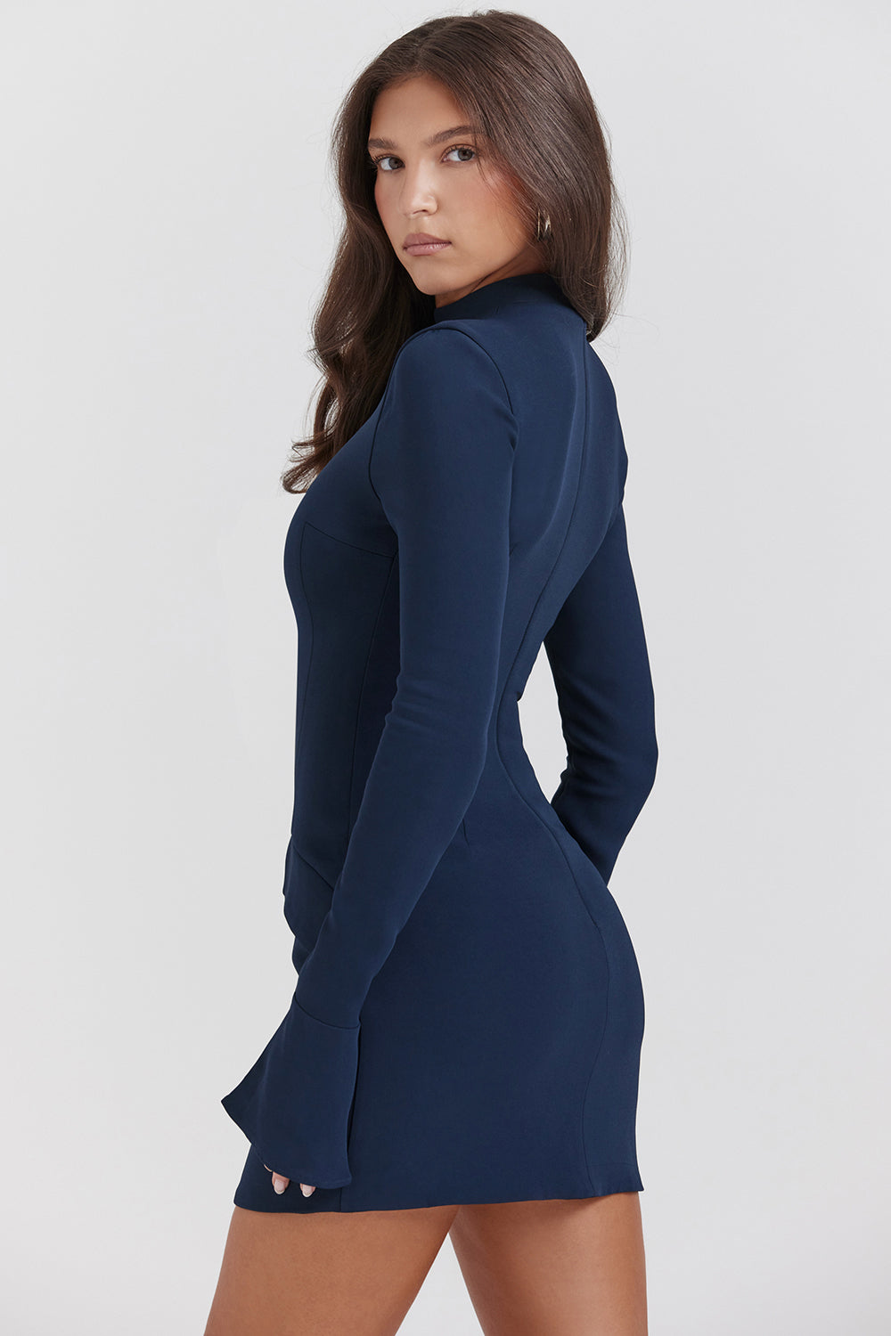Tova long sleeve mini dress with mock neck, flared cuffs and hip flap details - view 18