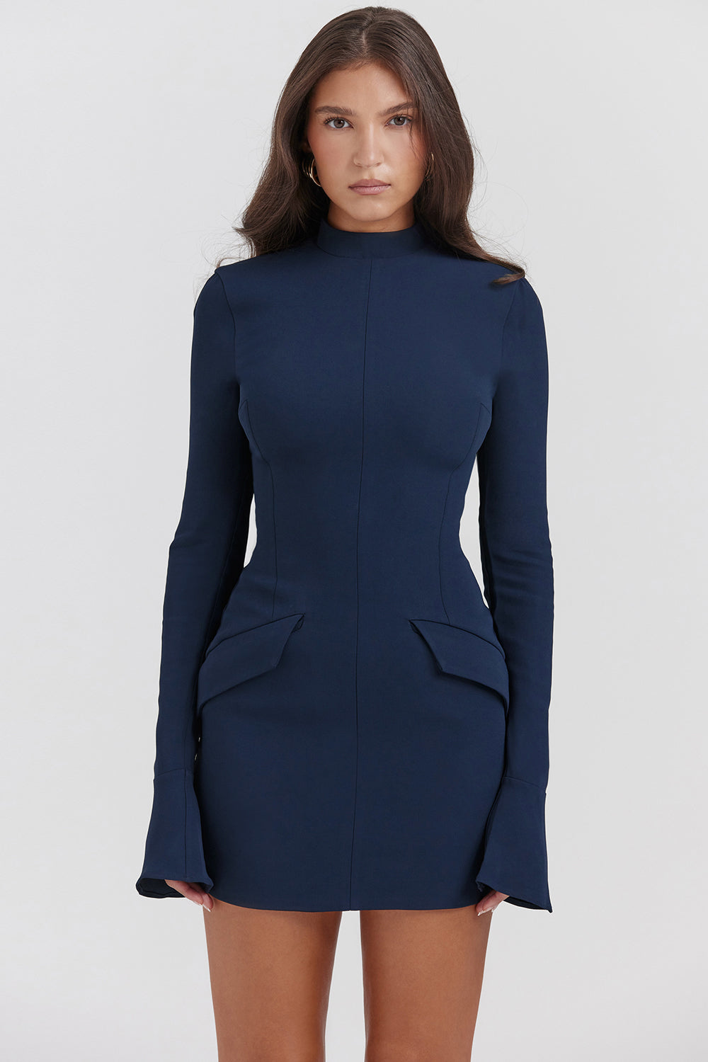Tova long sleeve mini dress with mock neck, flared cuffs and hip flap details - view 21