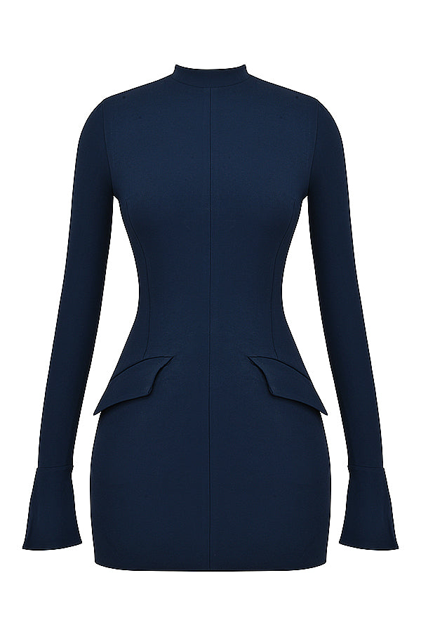 Tova long sleeve mini dress with mock neck, flared cuffs and hip flap details - view 22