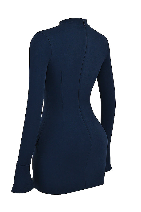 Tova long sleeve mini dress with mock neck, flared cuffs and hip flap details - view 24